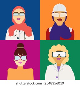 Ícones da mulher trabalhadora em diferentes raças e nações. Médico, Engenheiro de Campo, Empresária, Cientistas. Conjunto de Profissão e Profissão. Ilustração plana vetorial isolada para Avatar e Web