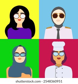 Icons of Working Woman in Different Races and Nation. Teacher, Pilot, Programmer, Chef. Set of Profession and occupation . Isolated Vector Flat Illustration for Avatar and Web