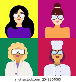 Icons of Working Woman in Different Races and Nation. Teacher, Model, Scientists, Chef. Set of Profession and occupation . Isolated Vector Flat Illustration for Avatar and Web