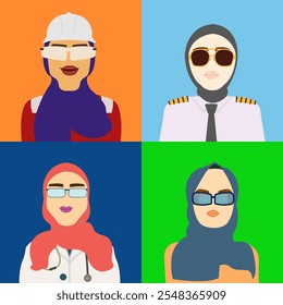 Icons of Working Woman Hijab in Different Races and Nation. Field Engineer, Pilot, Doctor, Programmer. Set of Profession and occupation . Isolated Vector Flat Illustration for Avatar and Web