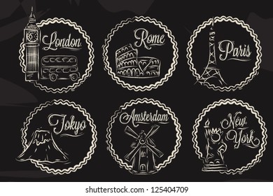 Icons with world cities London, New York, Rome, Amsterdam, Tokyo, Paris, stylized drawing with chalk on a blackboard