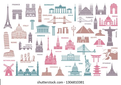 Icons world tourist attractions and architectural landmarks