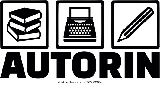 Icons for writer with books, typewriter and pencil and female german job title