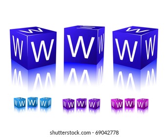 icons of www letters on blue and violet blocks. vector illustration isolated on white background.