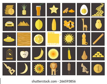 Icons of yellow. Set of flat icons associated with yellow color. Icons of food, nature, animals and other objects in yellow color.