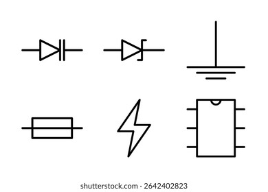 Icons of Zener diodes, grounding, and fuses for circuit schematics and electronics design.