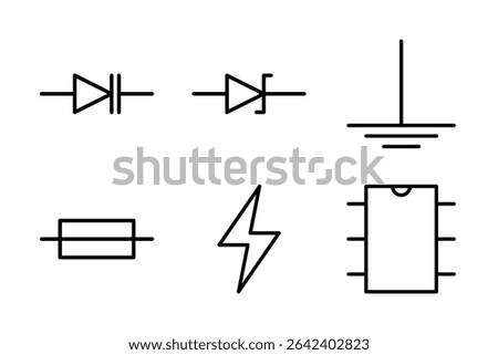 Icons of Zener diodes, grounding, and fuses for circuit schematics and electronics design.