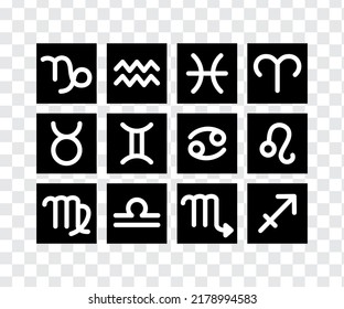 Icons of zodiac signs are square, white on a black background. Astrology, horoscope. Isolated vector illustration on a transparent background