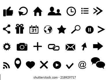 Icons:clock arrow present calendar email twitter geolocation cloud faceboo retweet bubble facebook  rss photo  like profile home insta location favorite search cursor logo Vector illustration eps 10