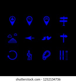 [IconsCount] hiking vector set. With trekker, mountains pin and ski sticks icons in set