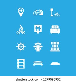 [IconsCount] seat vector set. With steering wheel, cinema and toilets pin icons in set