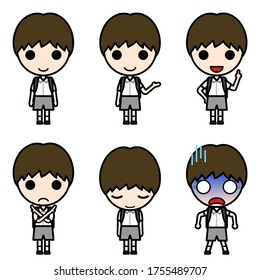 Icon-style character - Various poses of elementary school boy in summer uniform (stand, presentation, proposal, ban, bow, shock)