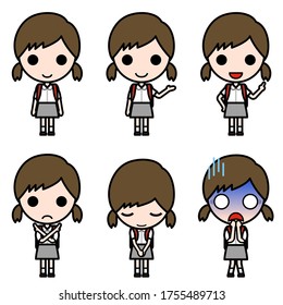 Carácter de estilo ícono - Diversas poses de colegiala elemental con uniforme de verano (stand, presentación, propuesta, prohibición, arco, shock)
