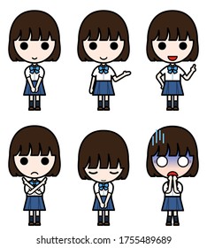Icon-style character - Various poses of high school girl in summer uniform (stand, presentation, proposal, ban, bow, shock)
