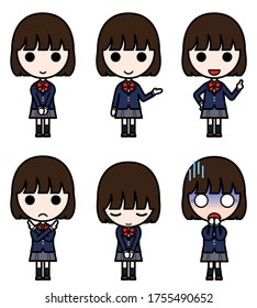 Icon-style character - Various poses of high school girl in winter uniform (stand, presentation, proposal, ban, bow, shock)