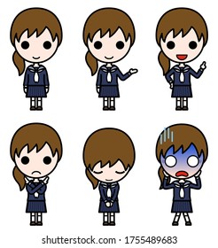 Icon-style character - Various poses of junior high school school girl in winter uniform (stand, presentation, proposal, ban, bow, shock)