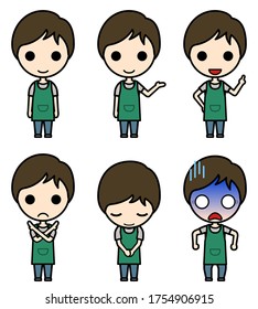 Icon-style character - Various poses of a young man in an apron (stand, presentation, proposal, ban, bow, shock)