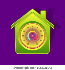 Icon-style illustration of circular thermometer inside of green-gradient house, Celsius dial, smart house symbol