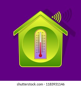 Icon-style illustration of classical thermometer inside of green-gradient house, Celsius and Fahrenheit dials, smart house concept with Wi-Fi symbol, wireless remote control