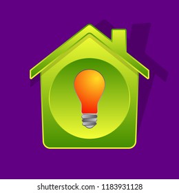 Icon-style illustration of electric bulb inside of green-gradient house, smart house symbol