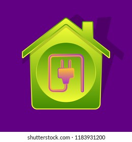 Icon-style illustration of electric cord and plug inside of green-gradient house, smart house symbol