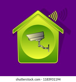 Icon-style illustration of security camera inside of green-gradient house, smart house concept with Wi-Fi symbol, wireless remote control