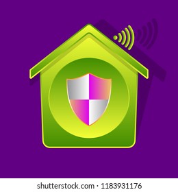 Icon-style illustration of shield inside of green-gradient house, smart house concept with Wi-Fi symbol, wireless remote control