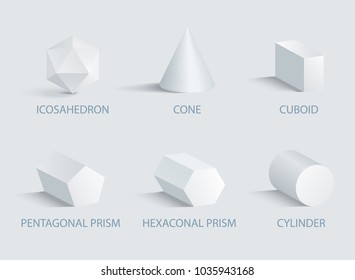 Icosahedron and cone, cuboid and pentagonal prism, cylinder and geometric shapes set poster, shapes vector illustration isolated on white background