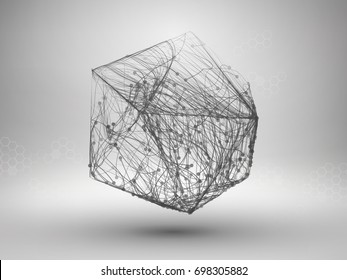 Icosahedron with connected lines and dots. Wireframe poligonal mesh motion element. Connection concept. Technology background. Vector illustration.