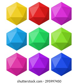 icosahedron in different colors for design and logos. Vector Illustration, editable and isolated on white background.