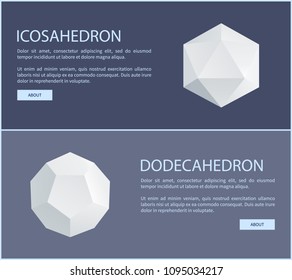 Icosahedron dodecahedron isometric patterns set vector illustration with text and buttons, polygonal prisms triangles and hexagons, 3d prism element