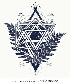 Icosahedron and fern. Mathematical art. Esoteric symbol physics, science and chemistry. Alchemy philosophers stone concept. Sacred geometry tattoo and t-shirt design 