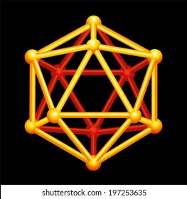 Icosahedron Gold Three-dimensional Shape - A Platonic Solid in geometry, a polyhedron with twenty triangular faces, thirty edges and twelve vertices. Vector structure isolated on black background.
