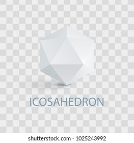 Icosahedron isolated white three-dimensional shape. Complicated geometric figure composed of regular triangles that casts shade vector illustration on transparent background