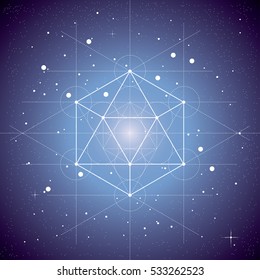 Icosahedron, a vector illustration of icosahedron on dark blue space background with stars