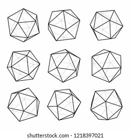 Icosahedrons 3d forms vector set. Regular polyhedron icosahedron. Platonic solids on white background.