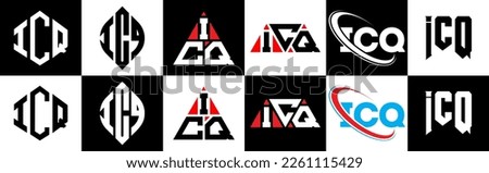 ICQ letter logo design in six style. ICQ polygon, circle, triangle, hexagon, flat and simple style with black and white color variation letter logo set in one artboard. ICQ minimalist and classic logo