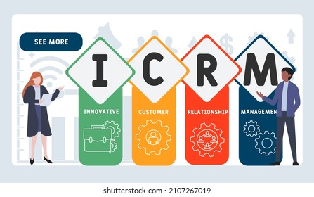 ICRM - Acrónimo innovador de Gestión de Relaciones con el Cliente. fondo de concepto de negocio.  concepto de ilustración vectorial con palabras clave e iconos. ilustración con iconos para banner web, volante