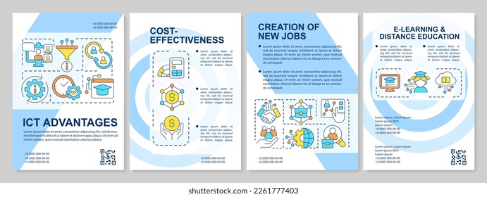 ICT advantages blue brochure template. Digital data. Leaflet design with linear icons. Editable 4 vector layouts for presentation, annual reports. Arial, Myriad Pro-Regular fonts used