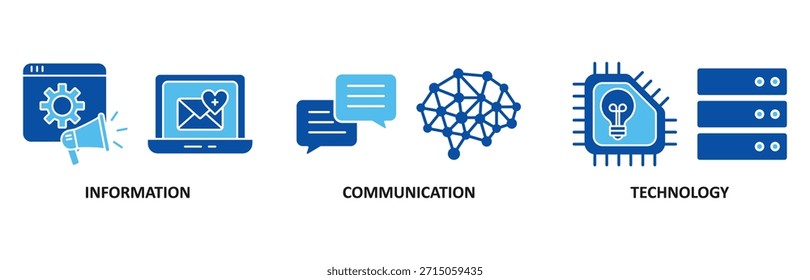 Conjunto de íconos de Web de Anuncio TIC En Ilustración vectorial de estilo azul para tecnología de la información y las comunicaciones con ícono de antena, radio, red, Sitio web, base de datos, nube, servidor, datos, electrónico