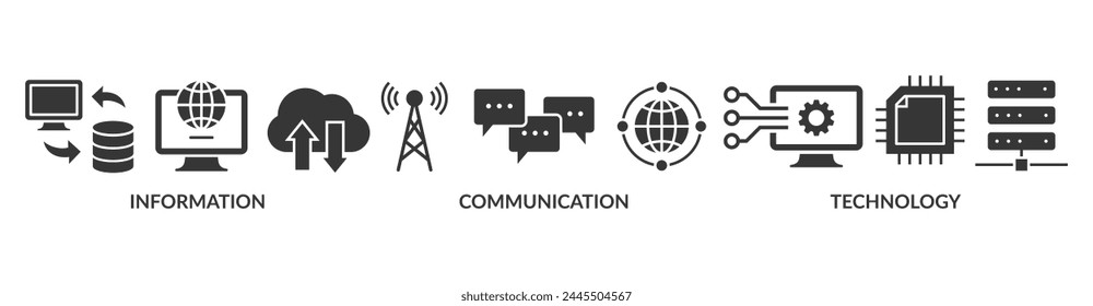 ICT banner web icon vector illustration concept for information and communications technology with icon of antenna, radio, network, website, database, cloud, server, data, electronic, and processor