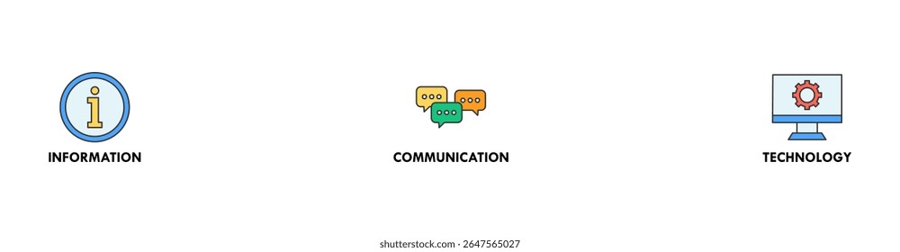 ICT banner web icon vector illustration concept for information and communications technology with icon of antenna, radio, network, website, database, cloud, server, data, electronic, and processor