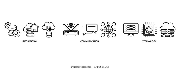Concepto de Ilustración vectorial de ícono de Web de Anuncio de TIC para tecnología de la información y las comunicaciones con ícono de antena, radio, red, Sitio web, base de datos, nube, servidor, datos, electrónica y procesador
