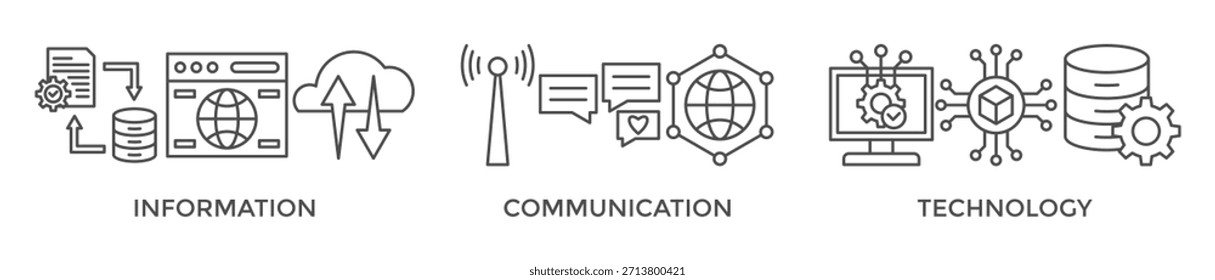 Concepto de Ilustración vectorial de ícono de Web de Anuncio de TIC para tecnología de la información y las comunicaciones con ícono de antena, radio, red, Sitio web, base de datos, nube, servidor, datos, electrónica y procesador