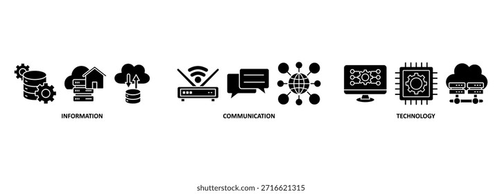 Concepto de Ilustración vectorial de ícono de Web de Anuncio de TIC para tecnología de la información y las comunicaciones con ícono de antena, radio, red, Sitio web, base de datos, nube, servidor, datos, electrónica y procesador