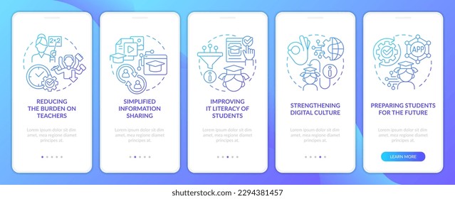 ICT benefits in education blue gradient onboarding mobile app screen. Studying walkthrough 5 steps graphic instructions with linear concepts. UI, UX, GUI template. Myriad Pro-Bold, Regular fonts used