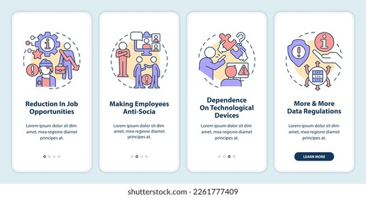 ICT in business disadvantages onboarding mobile app screen. Issues walkthrough 4 steps editable graphic instructions with linear concepts. UI, UX, GUI template. Myriad Pro-Bold, Regular fonts used