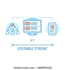 ICT concept icon. Information and communication technology idea thin line illustration. Cloud computing tech, innovation technology vector isolated outline drawing. Editable stroke