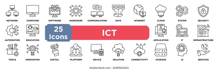 ICT icon collection set. Containing network,computer,software,hardware,communication,data,internet,cloud,system,security icon. Simple line vector