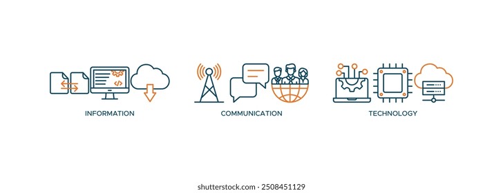ICT icon. information and communications technology with icon of antenna, radio, network, website, database, cloud, server, data, electronic, and processor